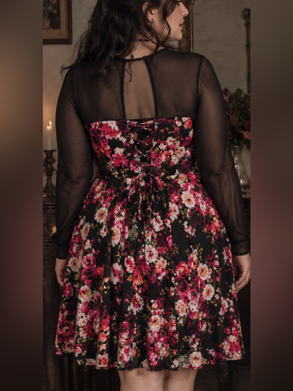 Torrid Floral Black Dress Pink red Floral Lace-Up Back corset Whimsigoth / Goth